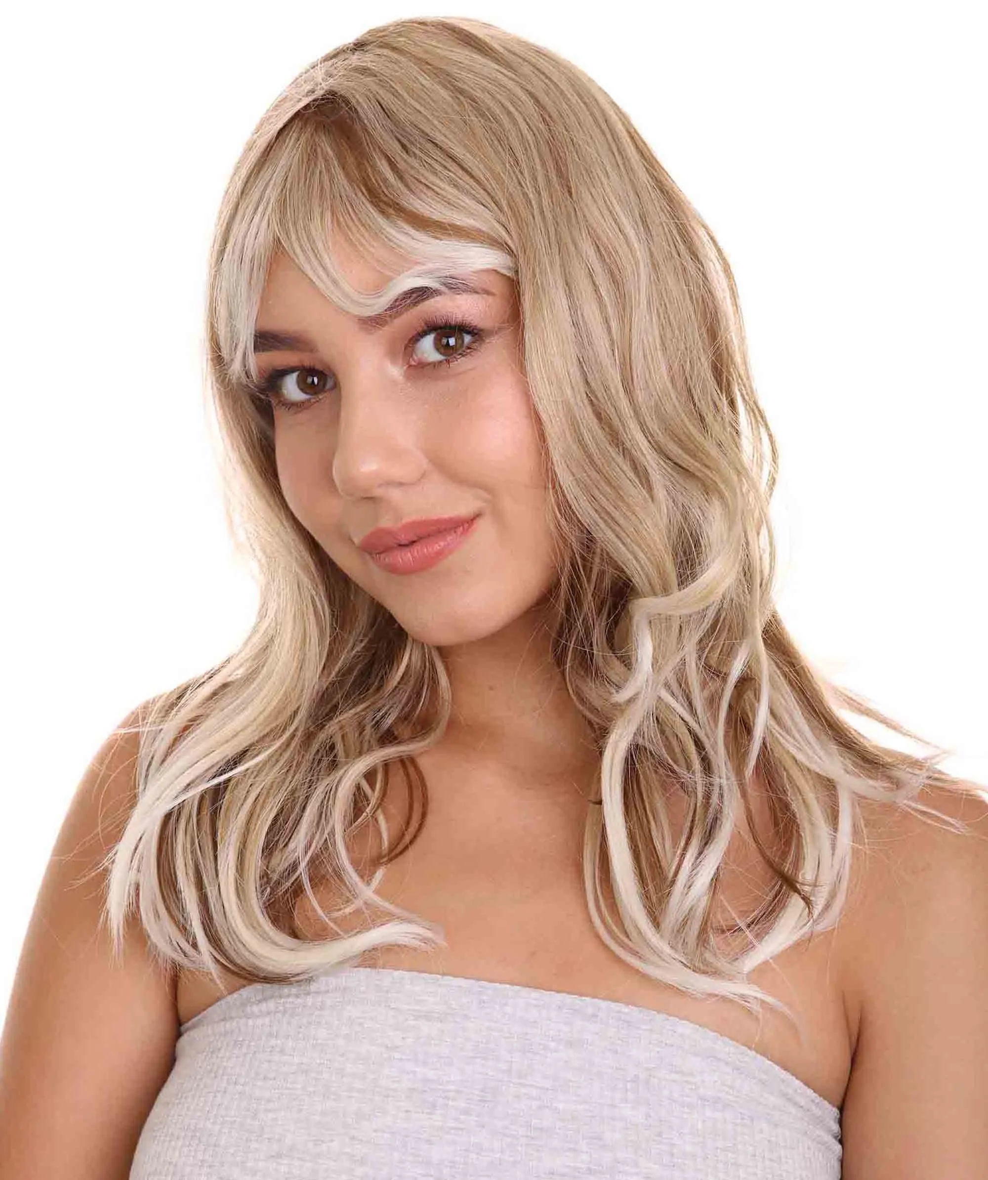 Adult Women's 18" In. Surfer Bleached Bad Guy Inspired Wig - Shoulder Length Wavy Beach Blonde Hair with Dark Roots - Lace Front Heat Resistant Fibers | Nunique