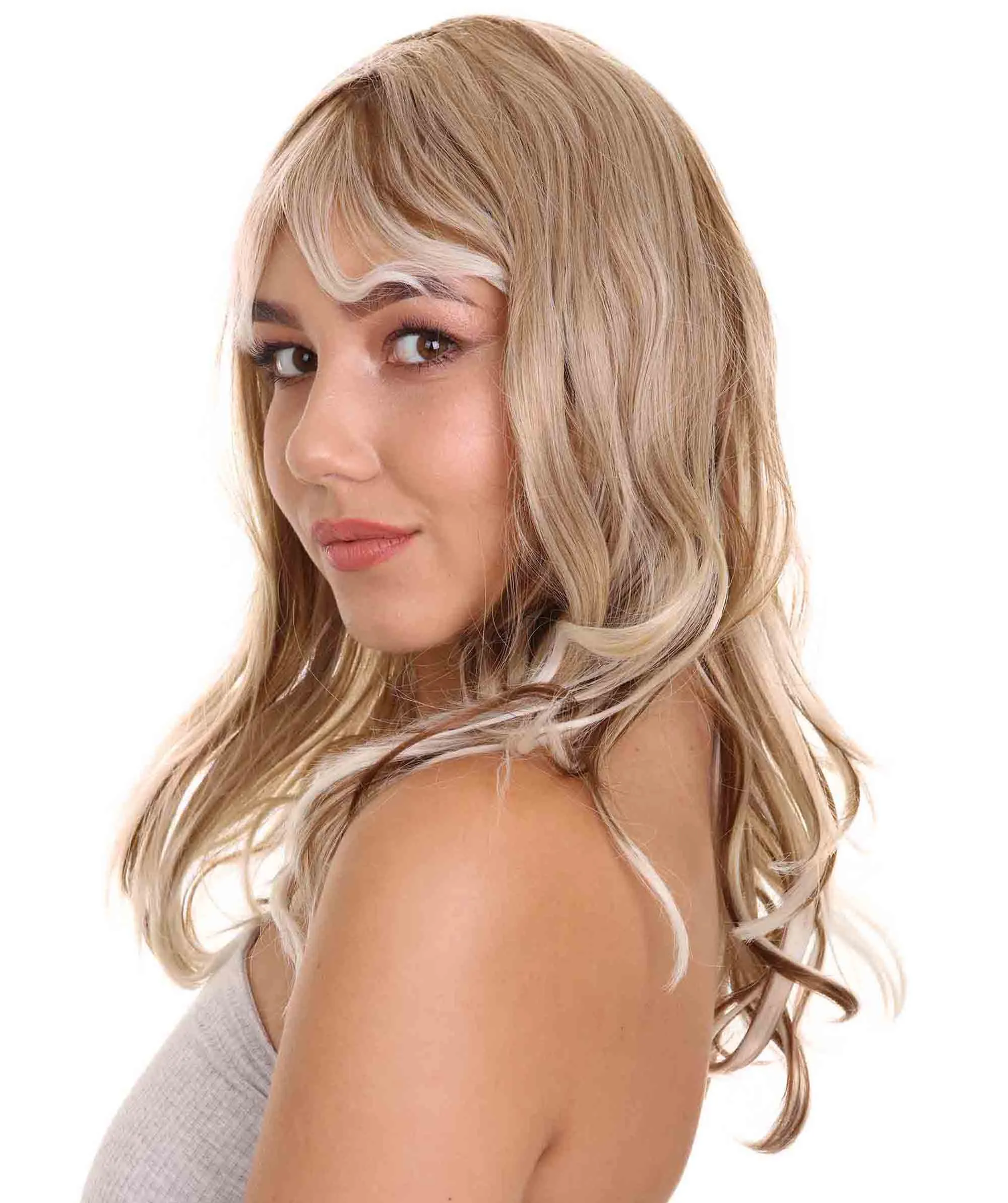 Adult Women's 18" In. Surfer Bleached Bad Guy Inspired Wig - Shoulder Length Wavy Beach Blonde Hair with Dark Roots - Lace Front Heat Resistant Fibers | Nunique