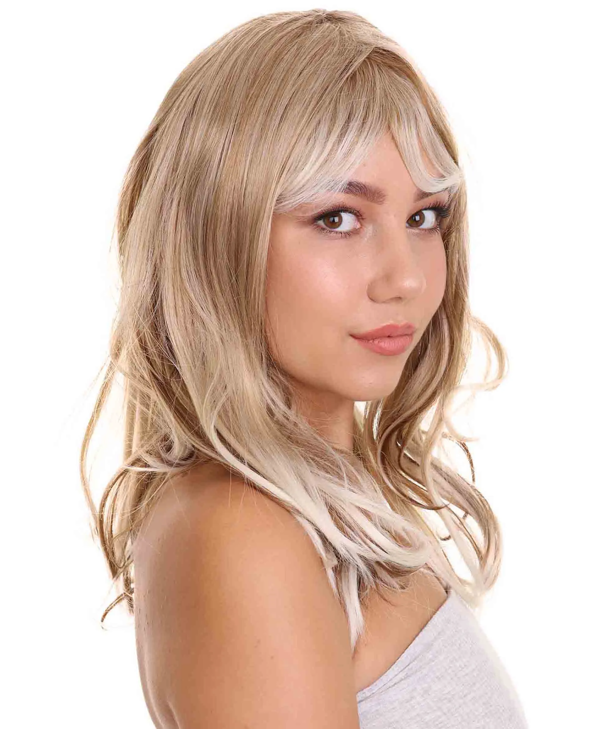 Adult Women's 18" In. Surfer Bleached Bad Guy Inspired Wig - Shoulder Length Wavy Beach Blonde Hair with Dark Roots - Lace Front Heat Resistant Fibers | Nunique