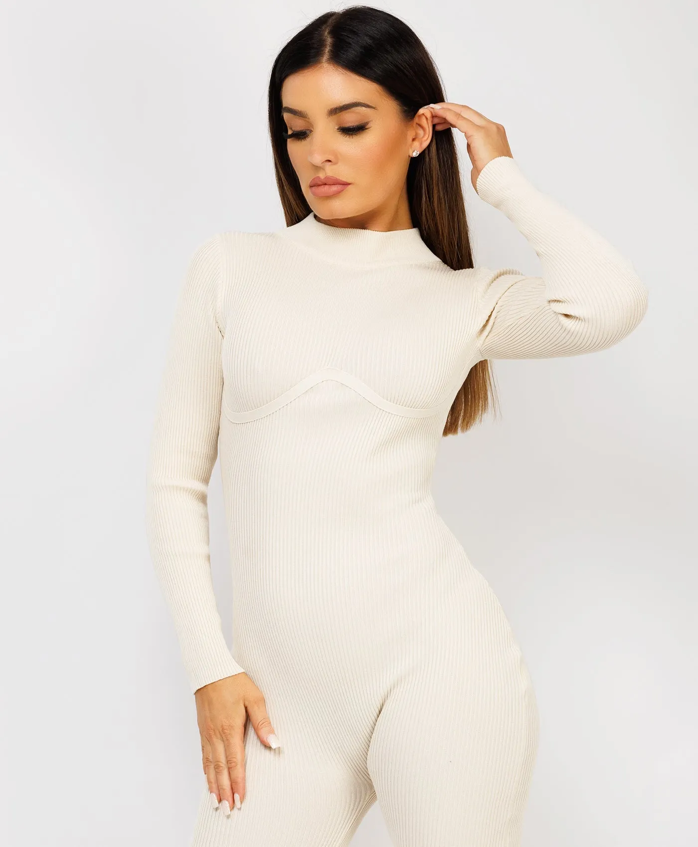 Beige Ribbed Underbust Detail Long Sleeves Jumpsuit