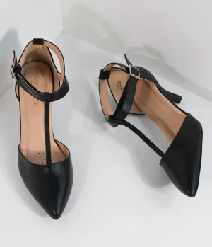 Black Leatherette Pointed Toe Ellie T-Strap Heels