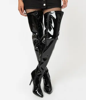 Black Patent Leatherette Stiletto Thigh High Boots