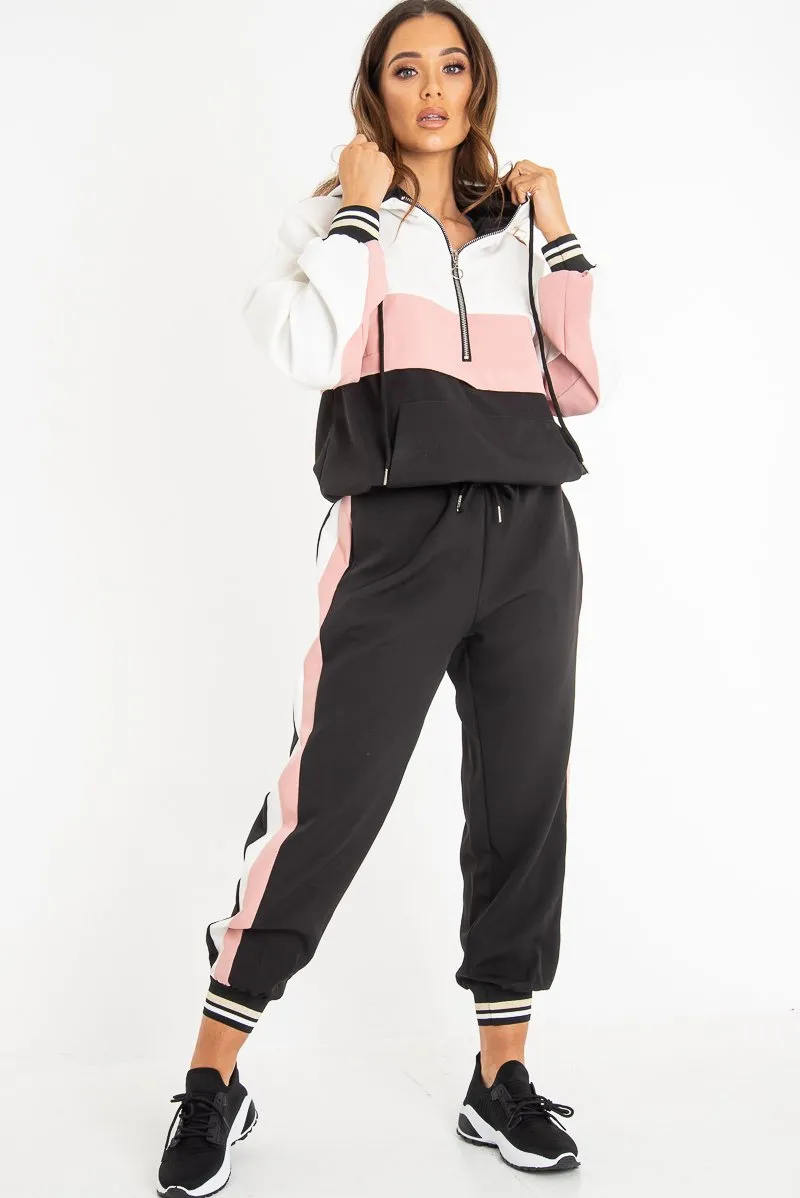 Black Pink Zip Front Drawstring Hoodie and Jogger Set - Evon