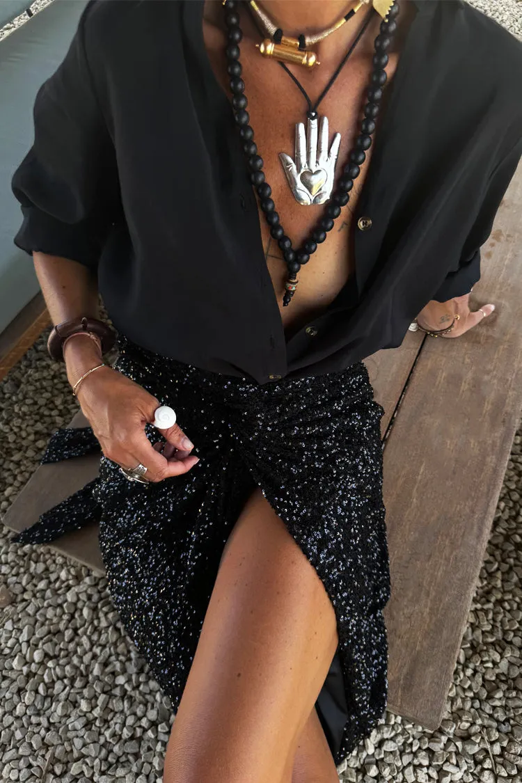 Black Sequin Maxi Jaspre Wrap Skirt