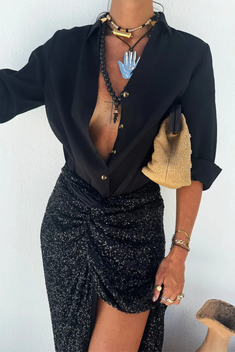 Black Sequin Maxi Jaspre Wrap Skirt