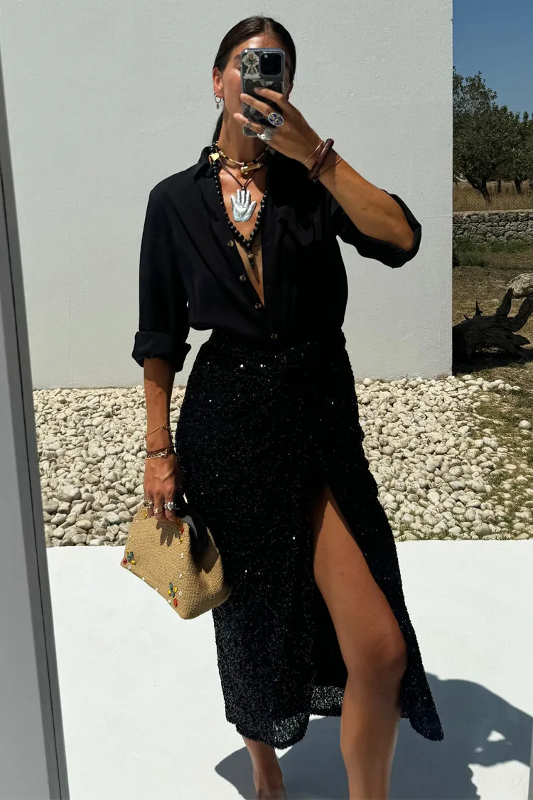 Black Sequin Maxi Jaspre Wrap Skirt