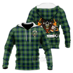 Blackadder Tartan Knitted Hoodie with Family Crest and Bearded Skull Holding Bottles of Whiskey