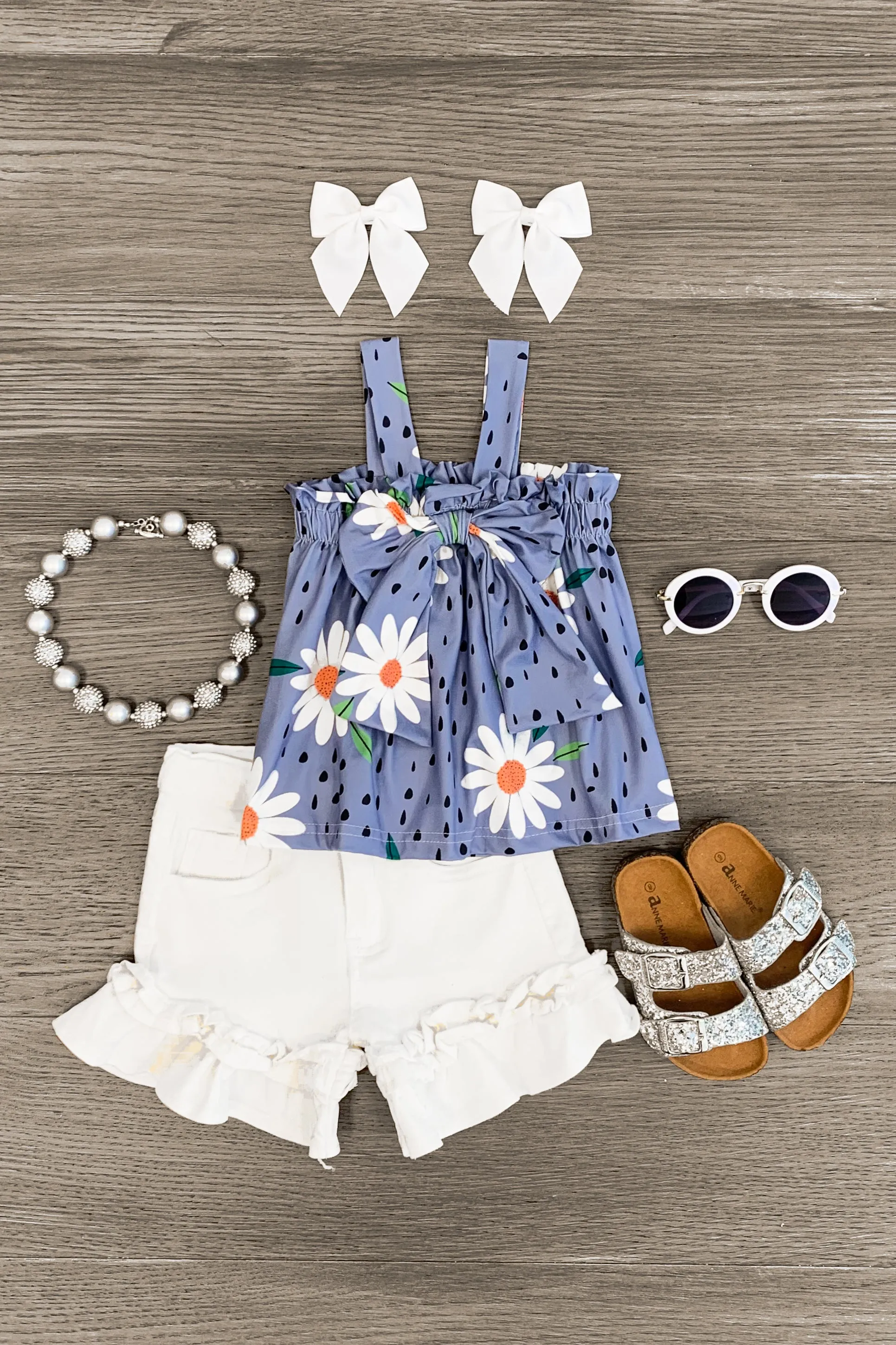 Blue & White Daisy Floral Denim Short Set