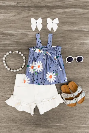 Blue & White Daisy Floral Denim Short Set