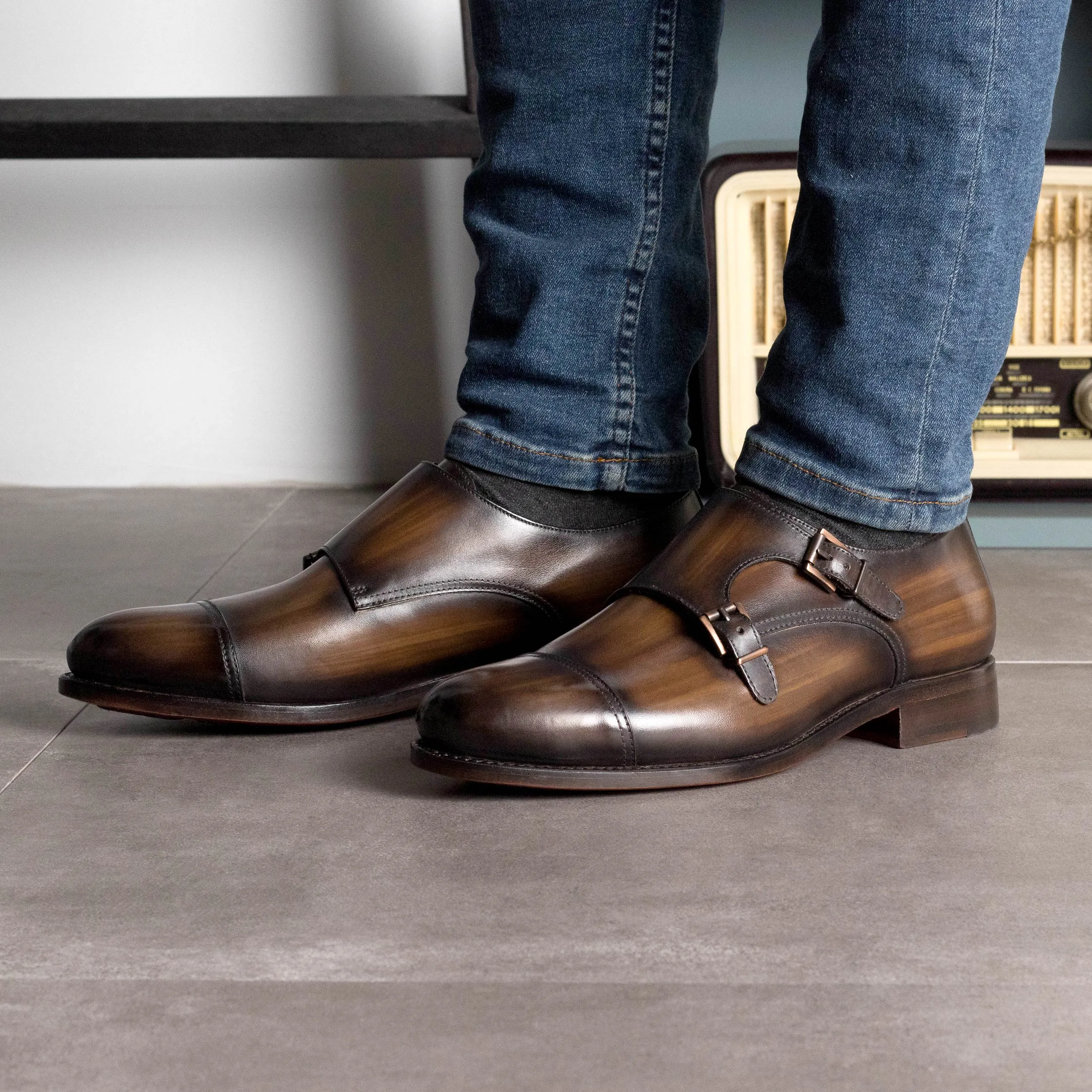 Brown Patina Double Monk Shoes