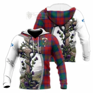 Byres (Byses) Tartan Knitted Hoodie with Family Crest and St. Andrew's Cross Accented by Thistle Vines