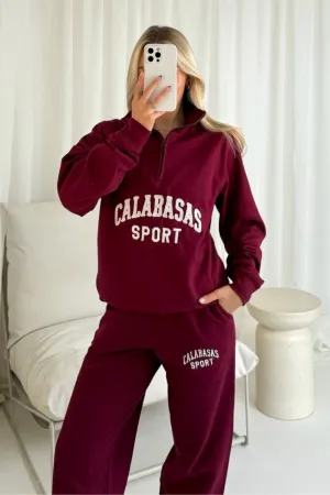 Calabasas burgundy and white embroidered 3/4 sweater joggers loungewear