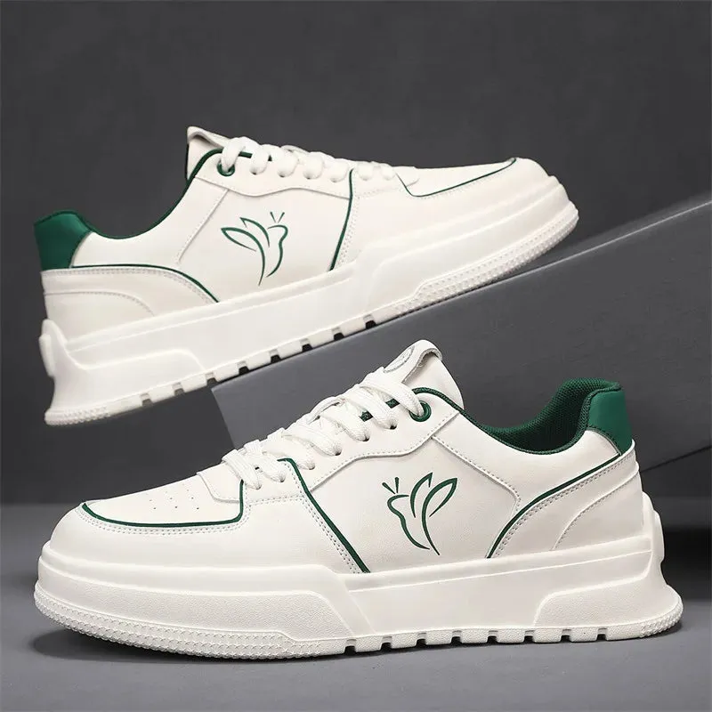 Casual White Color Leather Flat Sneakers