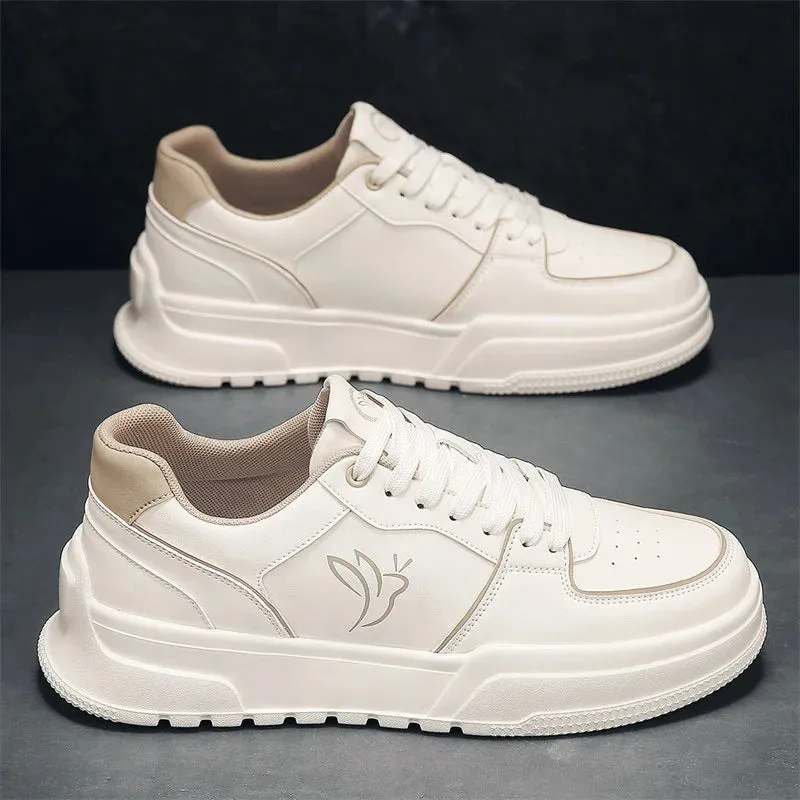 Casual White Color Leather Flat Sneakers