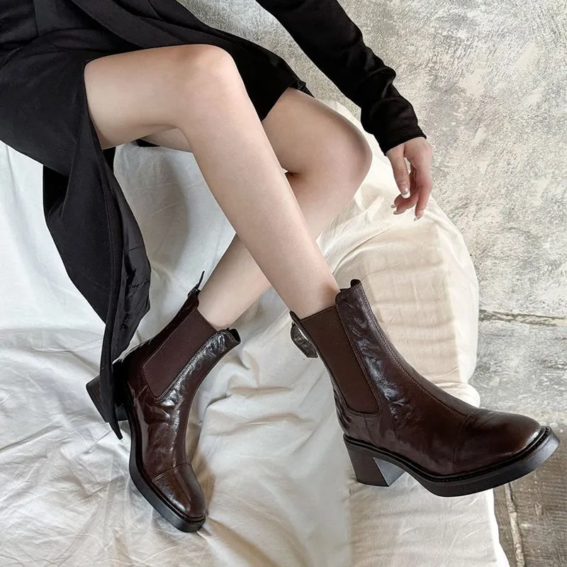 Classic Round Toe Handmade Sheepskin Chelsea Boots For Women 60mm Block Heel In Coffee/Black