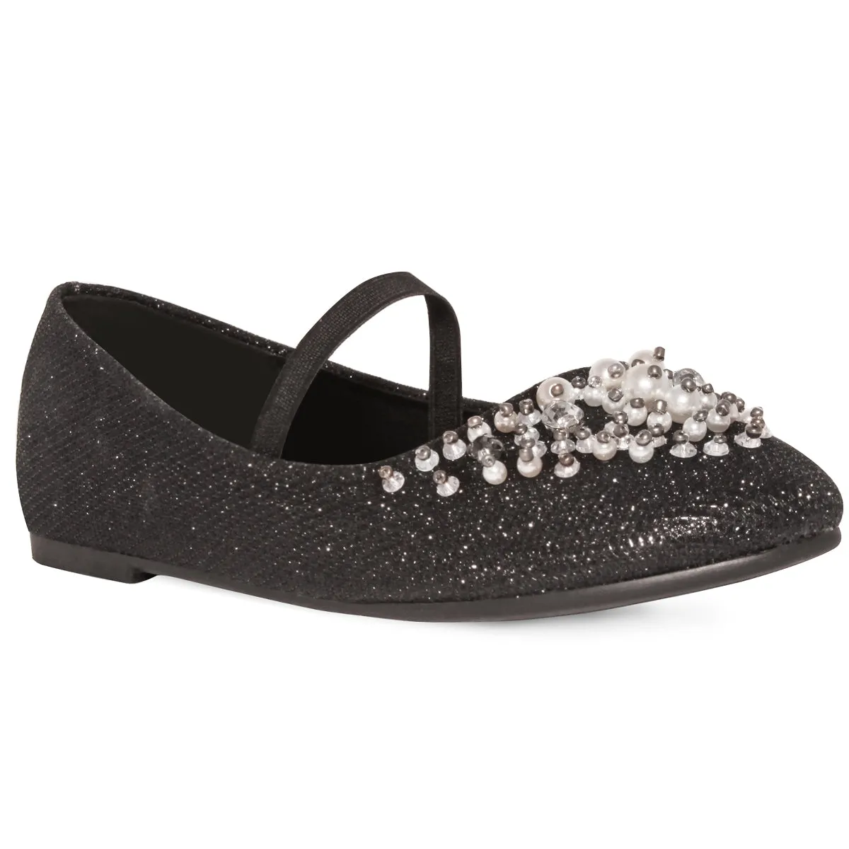 DAHLIA KIDS PEARL & DIAMANTE EMBELLISHED FLATFORM SHOES IN BLACK