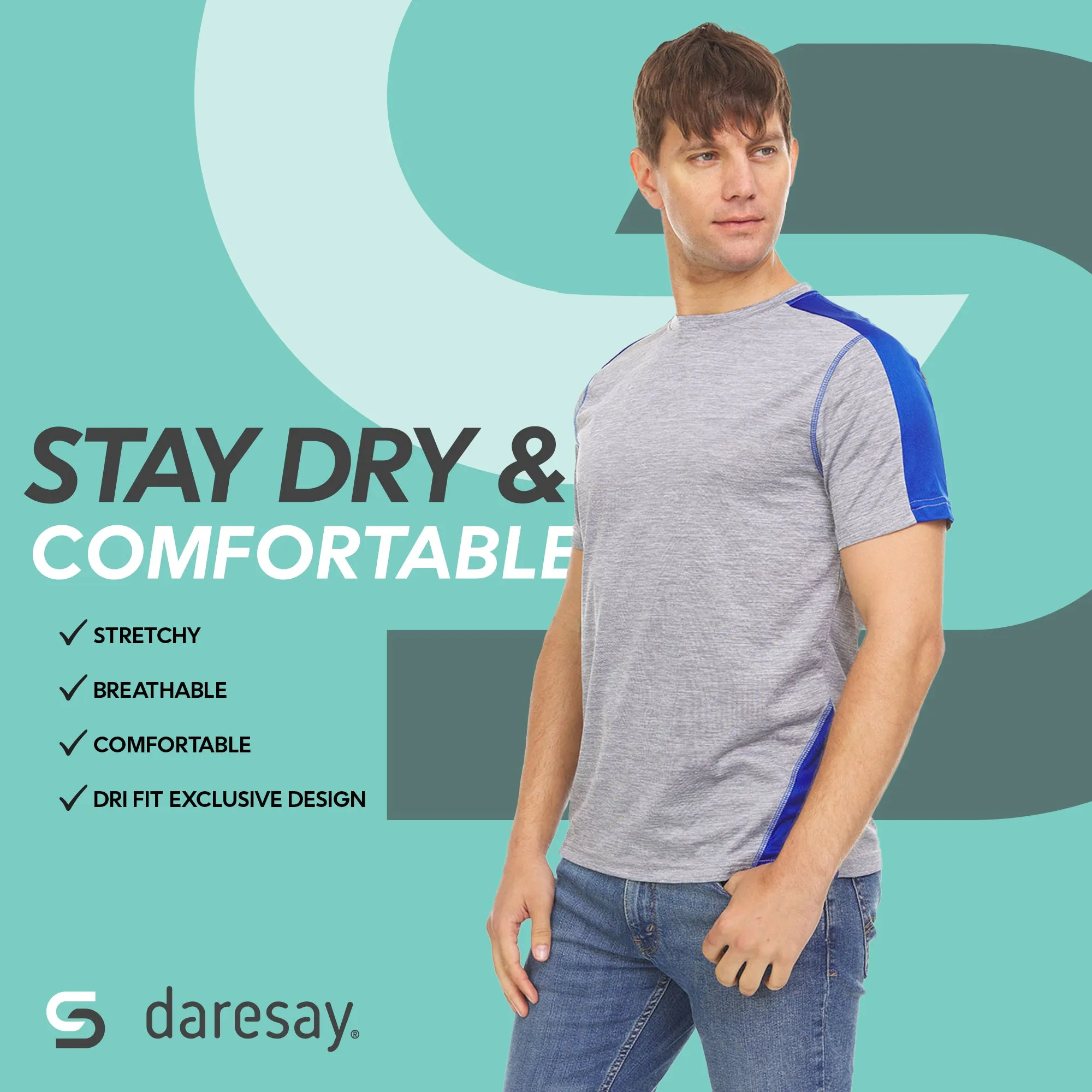 DARESAY Mens Dri Fit Tees Athletic Moisture Wicking Tops for Men- Comfortable Quick Dry Short-Sleeve Crew T-Shirts -Pack of 4