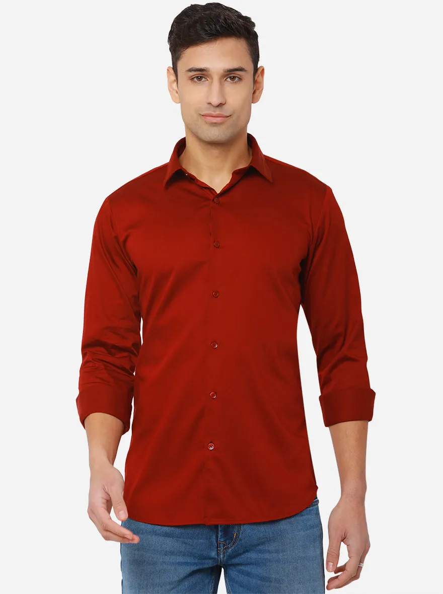 Deep Red Solid Slim Fit Semi Casual Shirt | JadeBlue