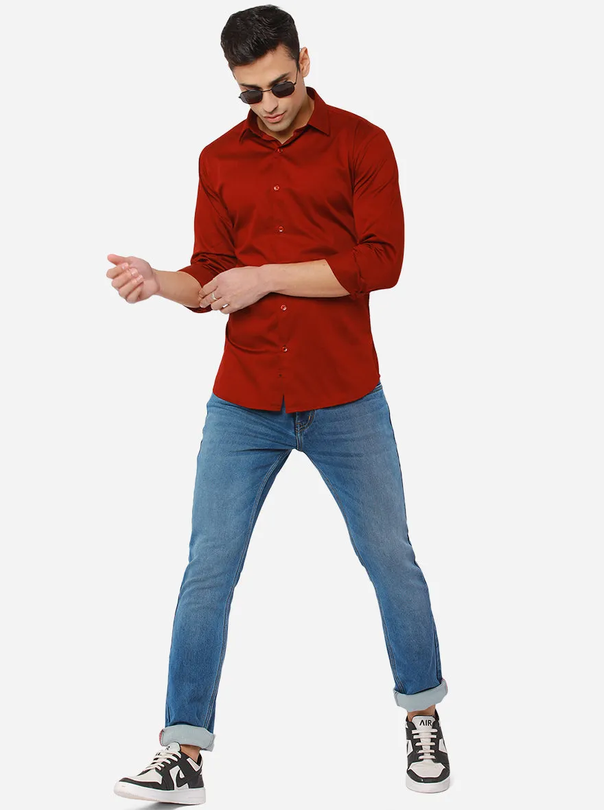 Deep Red Solid Slim Fit Semi Casual Shirt | JadeBlue