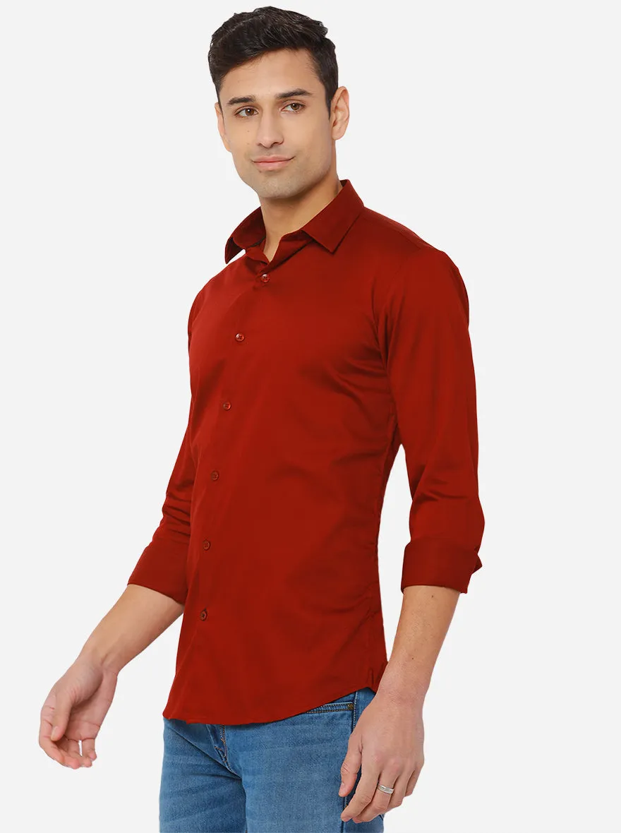 Deep Red Solid Slim Fit Semi Casual Shirt | JadeBlue