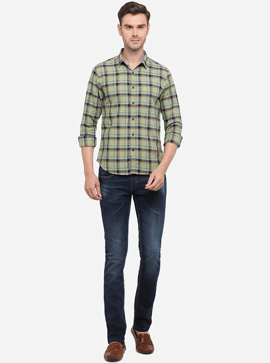 Dusty Green Checked Slim Fit Casual Shirt | Greenfibre