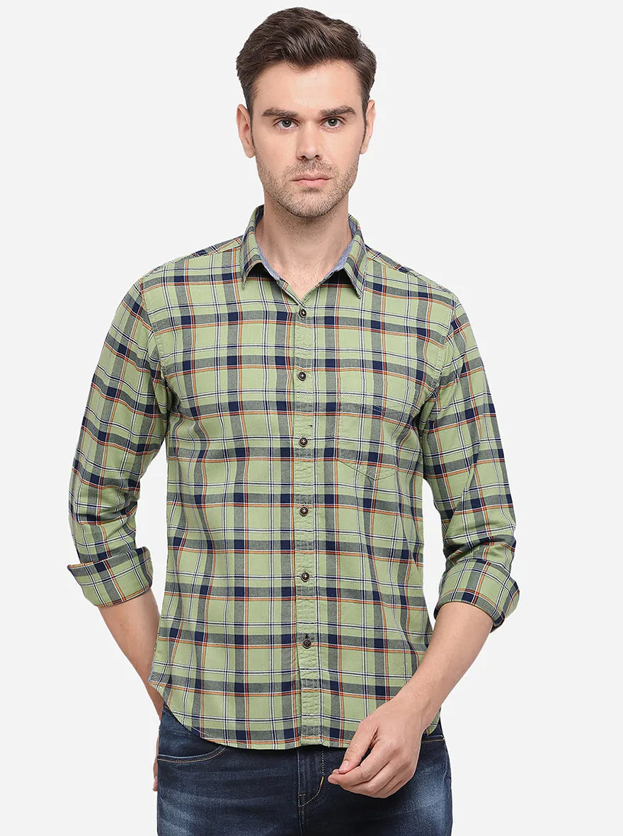 Dusty Green Checked Slim Fit Casual Shirt | Greenfibre