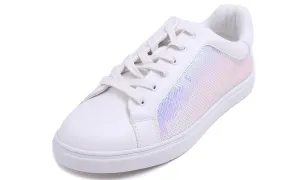 Feversole Women's Fashion Dress Sneakers Party Bling Casual Flats Embellished Shoes AB White Sequin Lace Up