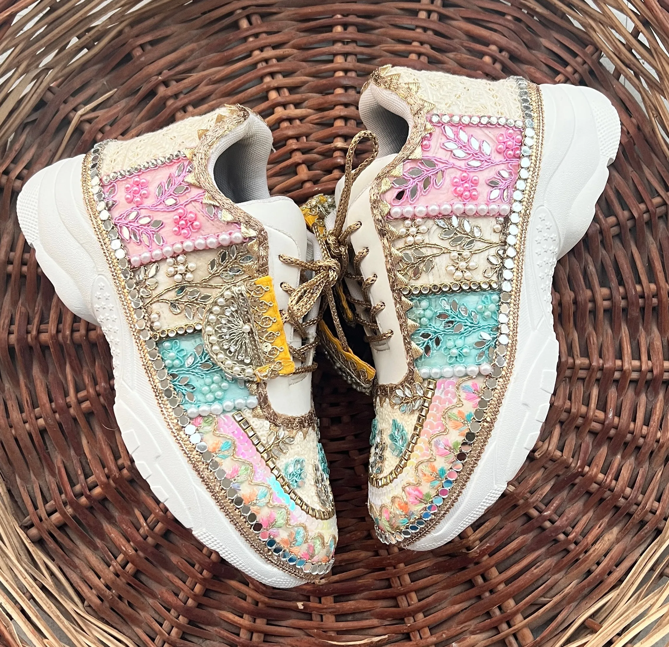 FUNKY N TRENDY hand crafted pastel bridal sneakers / gold sneakers / pastel sneakers / embroidery sneakers / sneakers for bride/ bridal shoes / multi colored shoes / pastel shades / ivory with pastel colors/ embroidery shoes