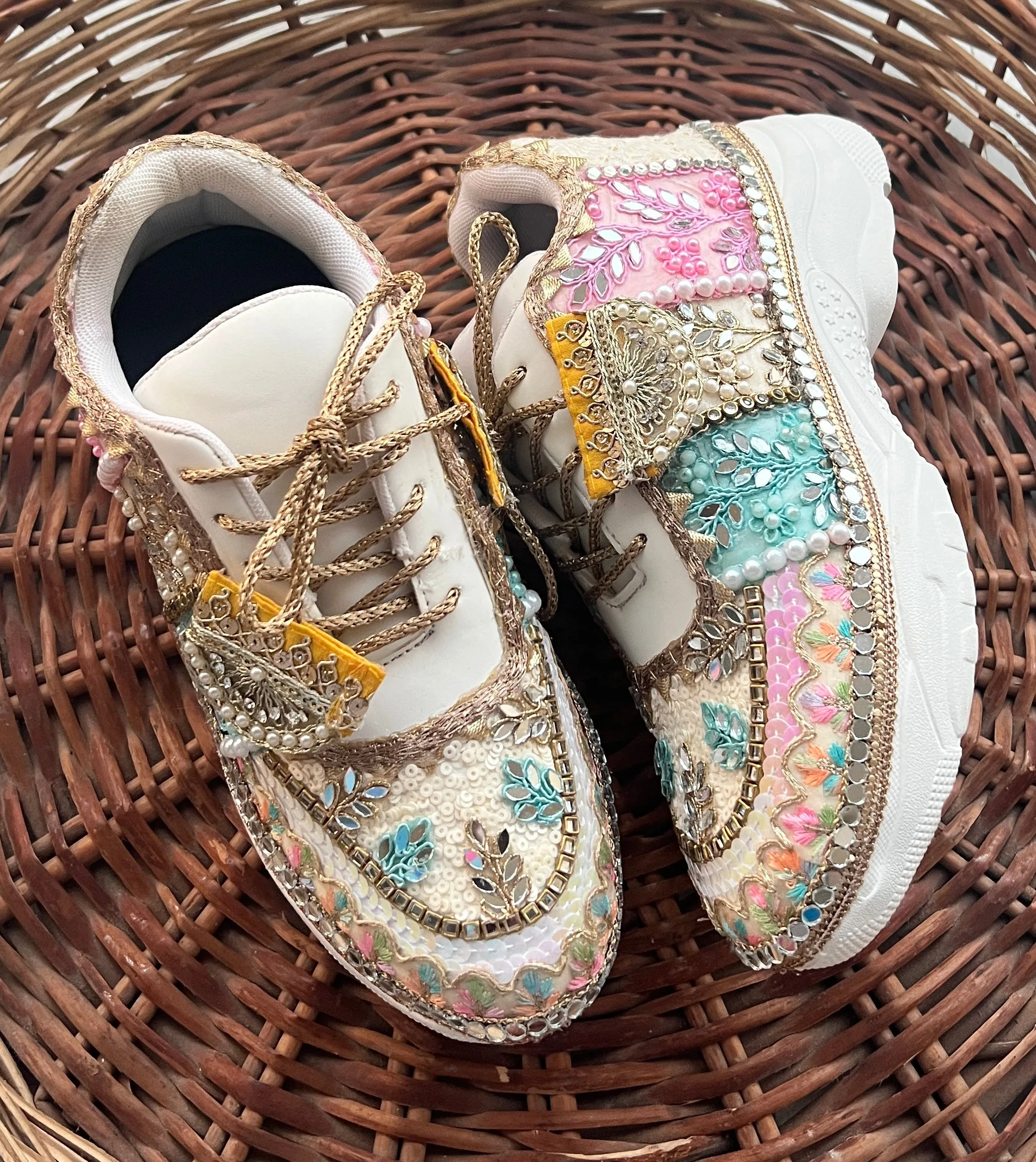 FUNKY N TRENDY hand crafted pastel bridal sneakers / gold sneakers / pastel sneakers / embroidery sneakers / sneakers for bride/ bridal shoes / multi colored shoes / pastel shades / ivory with pastel colors/ embroidery shoes