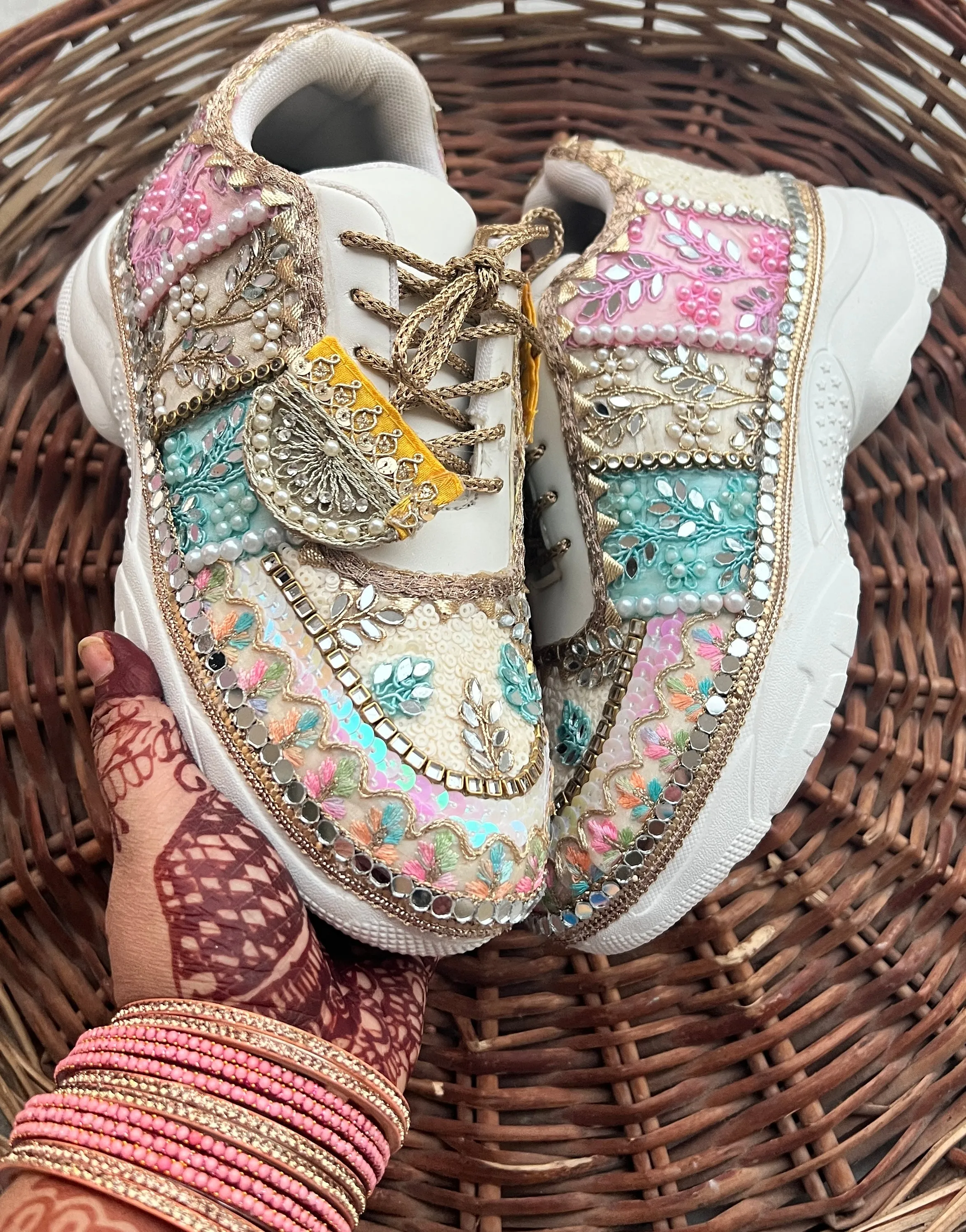 FUNKY N TRENDY hand crafted pastel bridal sneakers / gold sneakers / pastel sneakers / embroidery sneakers / sneakers for bride/ bridal shoes / multi colored shoes / pastel shades / ivory with pastel colors/ embroidery shoes