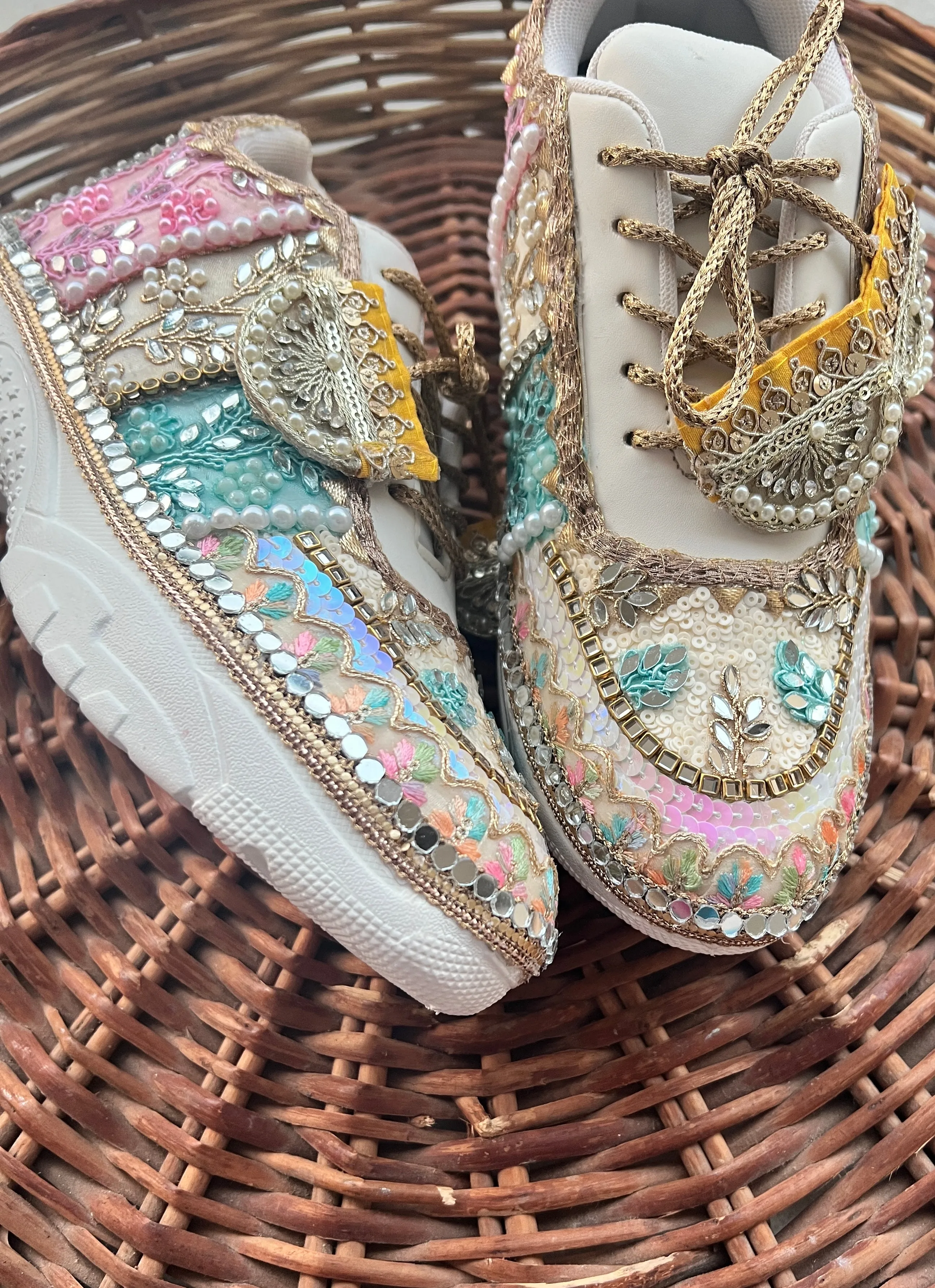 FUNKY N TRENDY hand crafted pastel bridal sneakers / gold sneakers / pastel sneakers / embroidery sneakers / sneakers for bride/ bridal shoes / multi colored shoes / pastel shades / ivory with pastel colors/ embroidery shoes