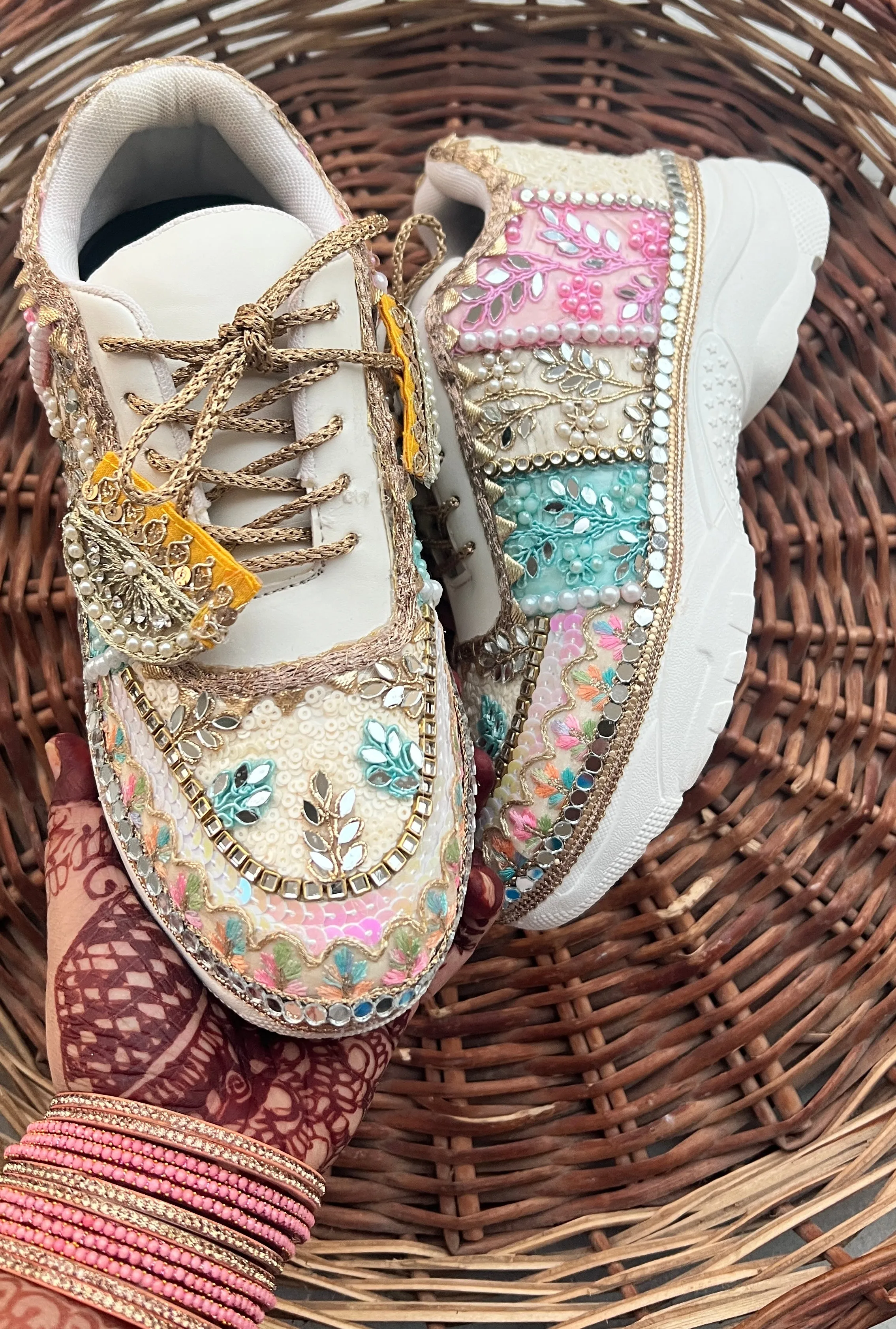 FUNKY N TRENDY hand crafted pastel bridal sneakers / gold sneakers / pastel sneakers / embroidery sneakers / sneakers for bride/ bridal shoes / multi colored shoes / pastel shades / ivory with pastel colors/ embroidery shoes