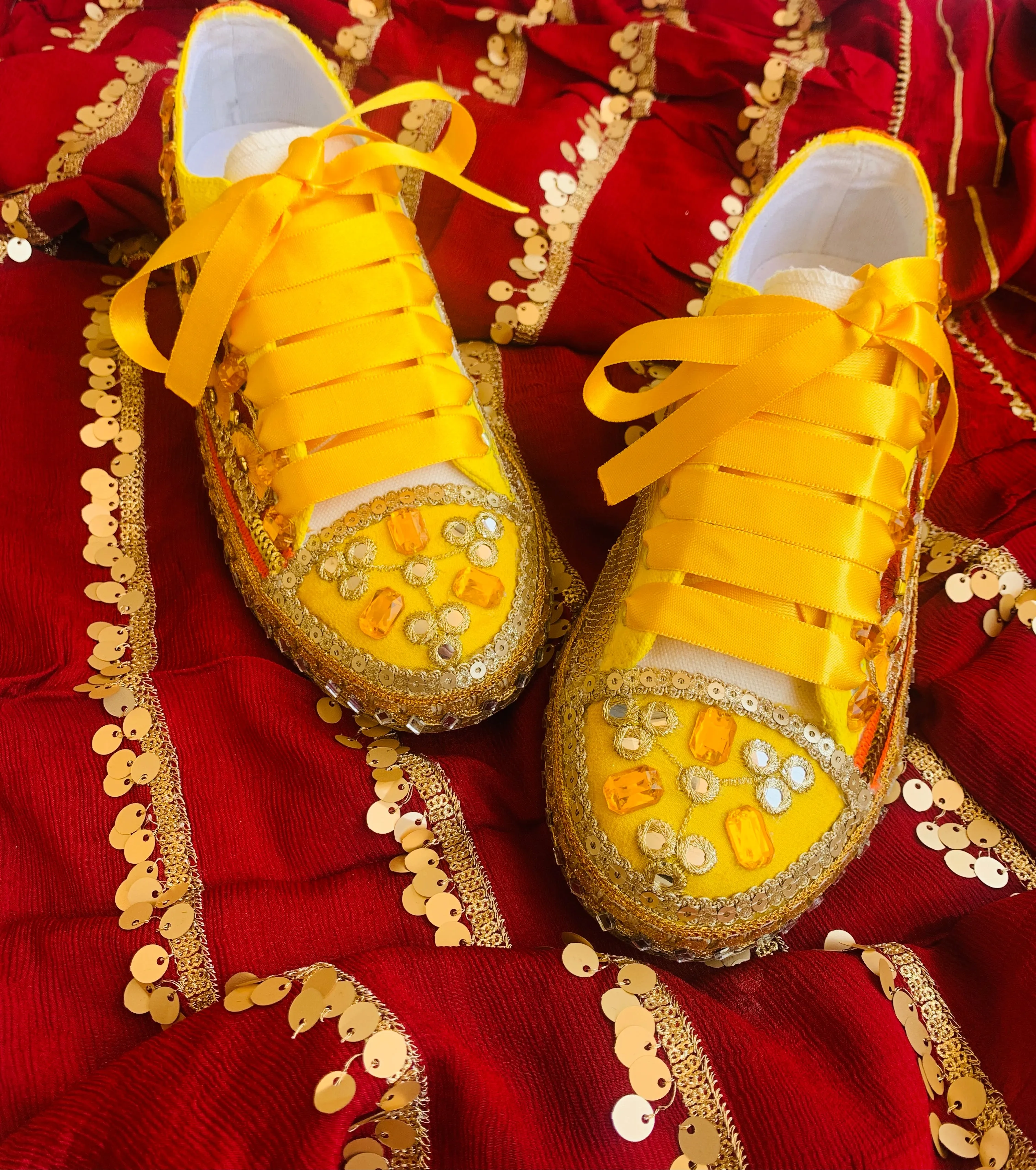 Funky N Trendy hand crafted yellow and maroon hand work bridal sneakers/ bridesmaid sneaker / yellow sneakers/ yellow shoes for haldi ceremony