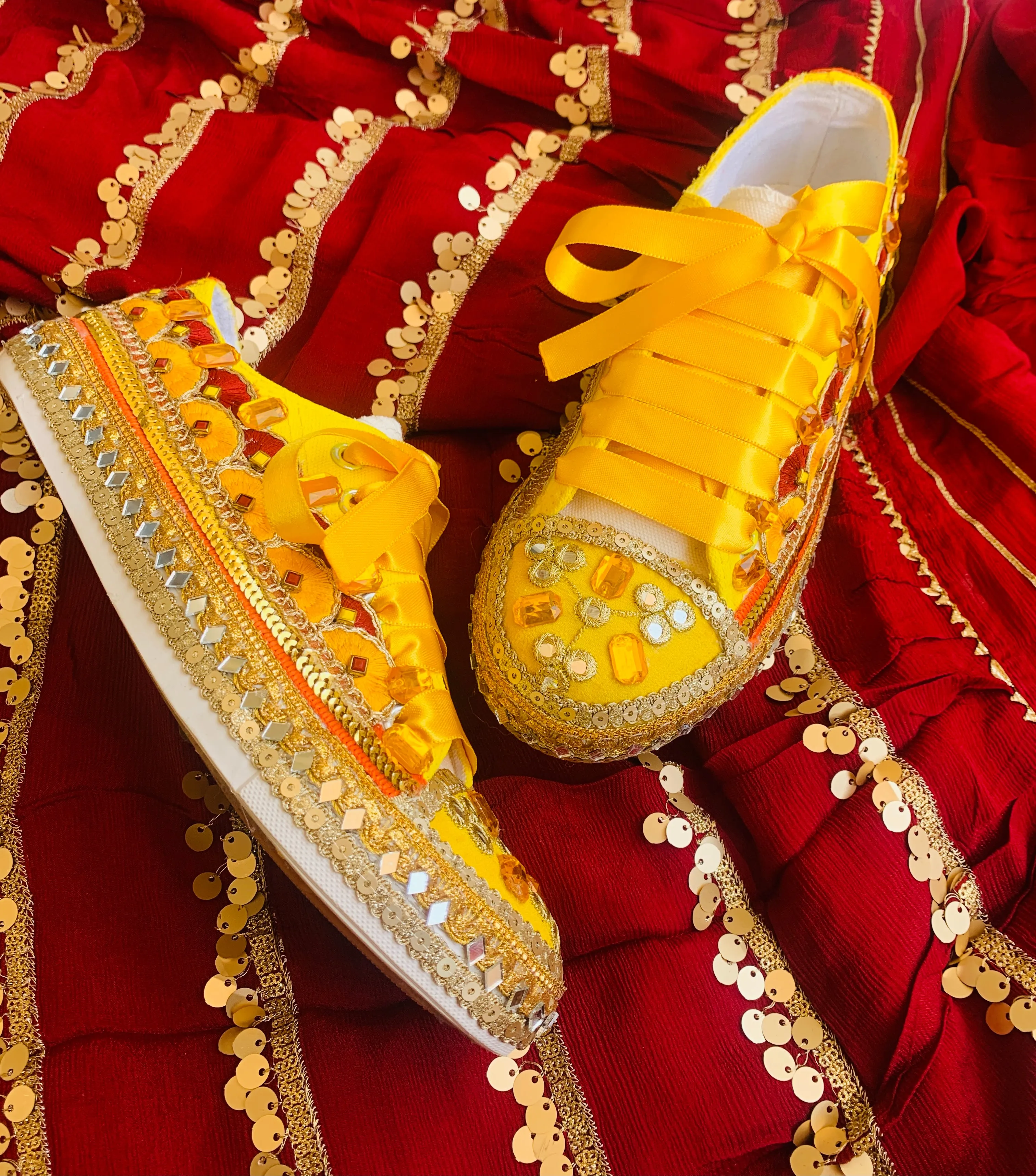 Funky N Trendy hand crafted yellow and maroon hand work bridal sneakers/ bridesmaid sneaker / yellow sneakers/ yellow shoes for haldi ceremony