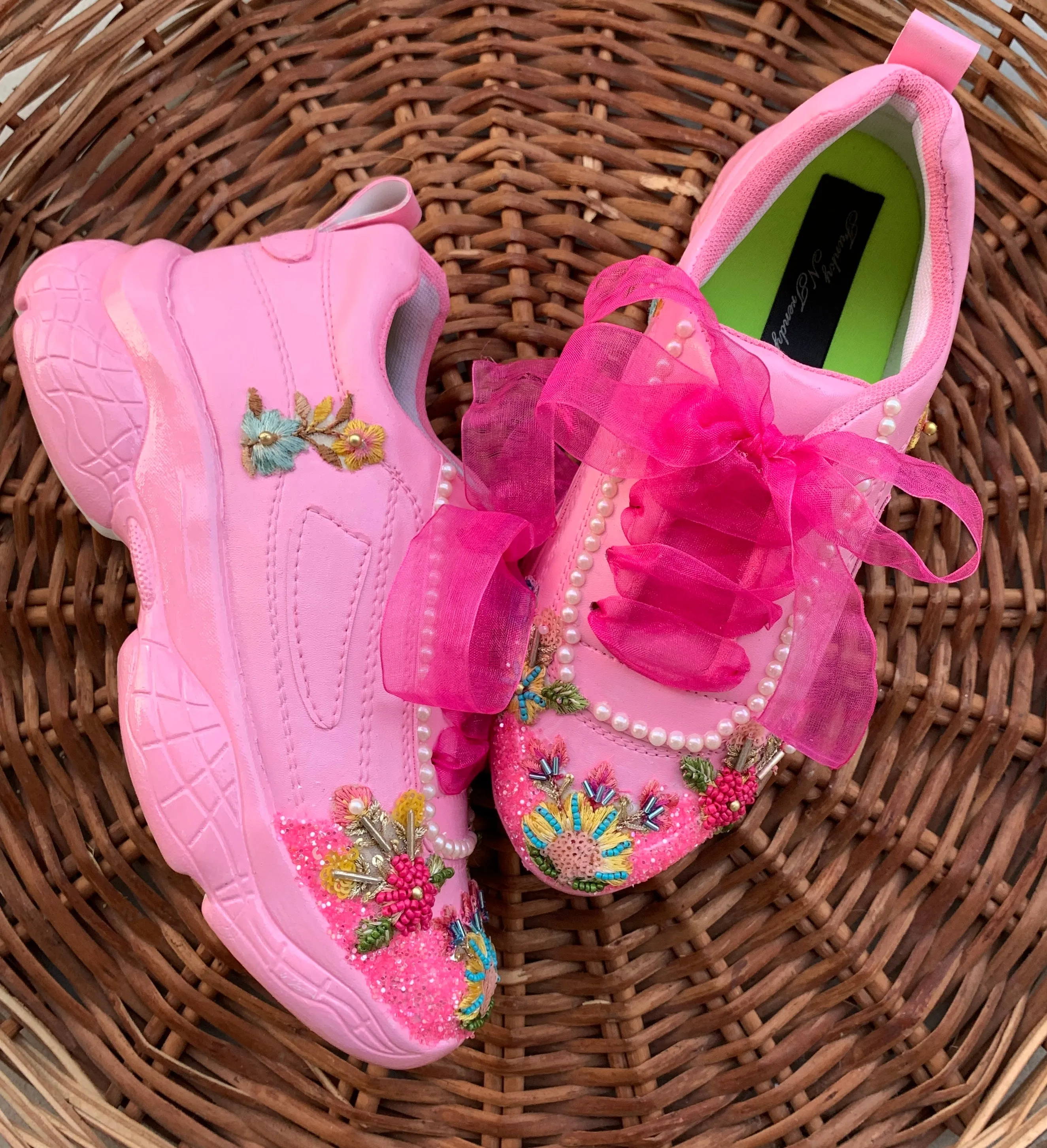 FUNKY N TRENDY pink hand embroidered sneakers for brides / bridesmaids/ pink sneakers / pink shoes / floral shoes / floral embroidered sneakers/ embroidered shoes