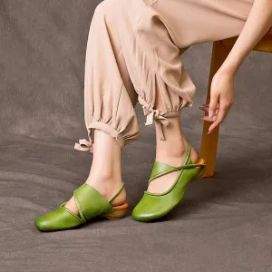 Genuine Leather Block Heel Sandals For Women Round Toe Mules in Green