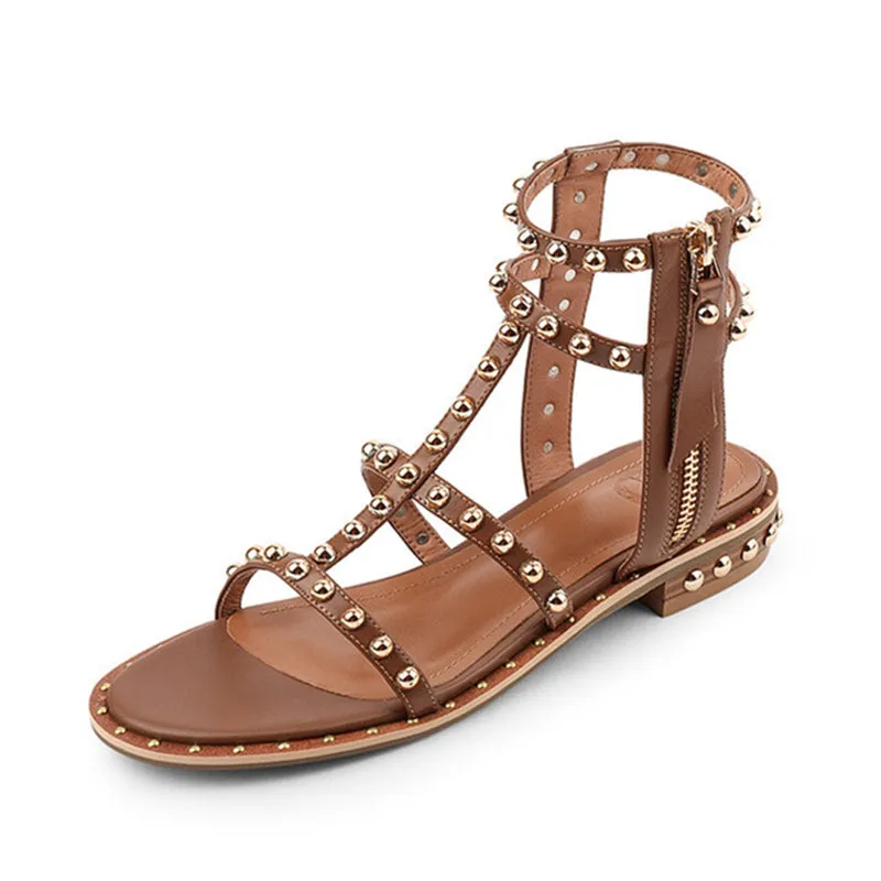 Genuine Leather Rivet Flat Gladiator Sandals in Brown - Strappy Studded Sandals