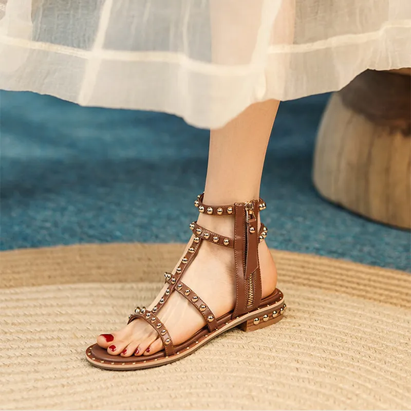 Genuine Leather Rivet Flat Gladiator Sandals in Brown - Strappy Studded Sandals