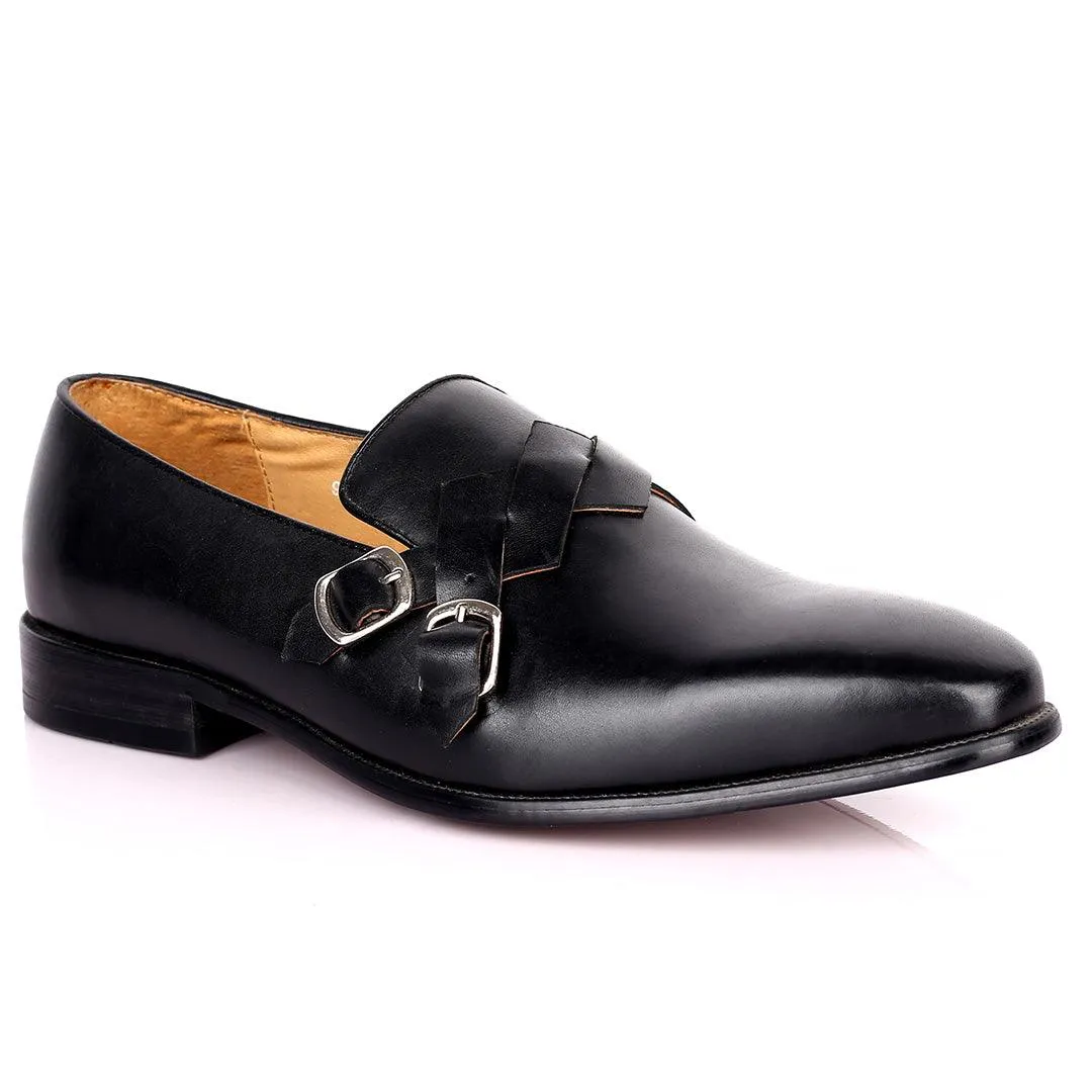 Gian Elegant Intertwined Double Belt Designed Formal Shoe - Black