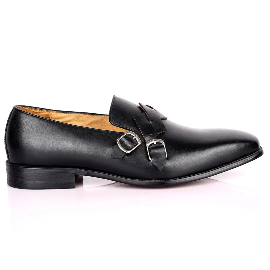 Gian Elegant Intertwined Double Belt Designed Formal Shoe - Black