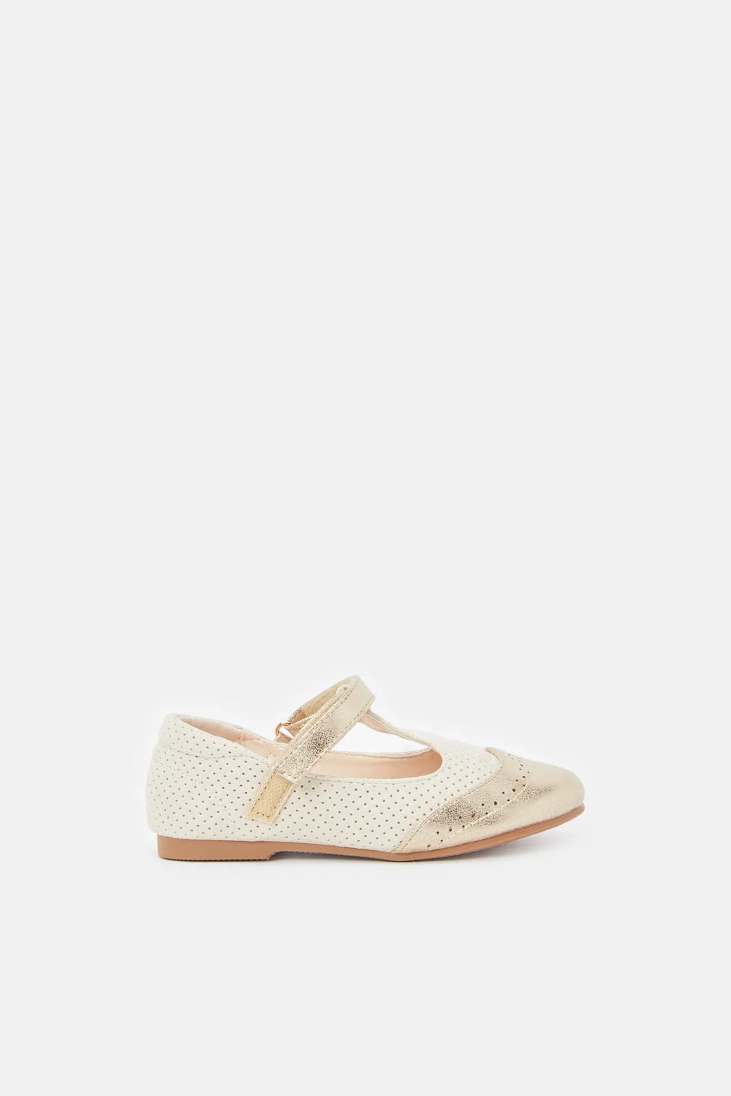 Girls Beige And Gold Embellished T-Bar Loafer