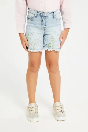 Girls Blue Embroidered Shorts