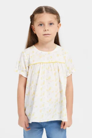 Girls Yellow Printed Frills Blouse