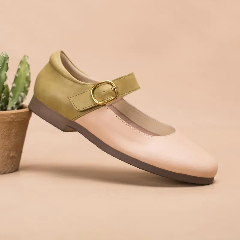 Handmade Leather Flat Mary Jane Shoes For Womens Round Toe Apricot/Pink