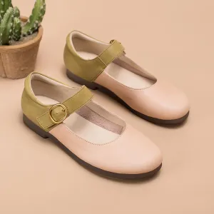 Handmade Leather Flat Mary Jane Shoes For Womens Round Toe Apricot/Pink