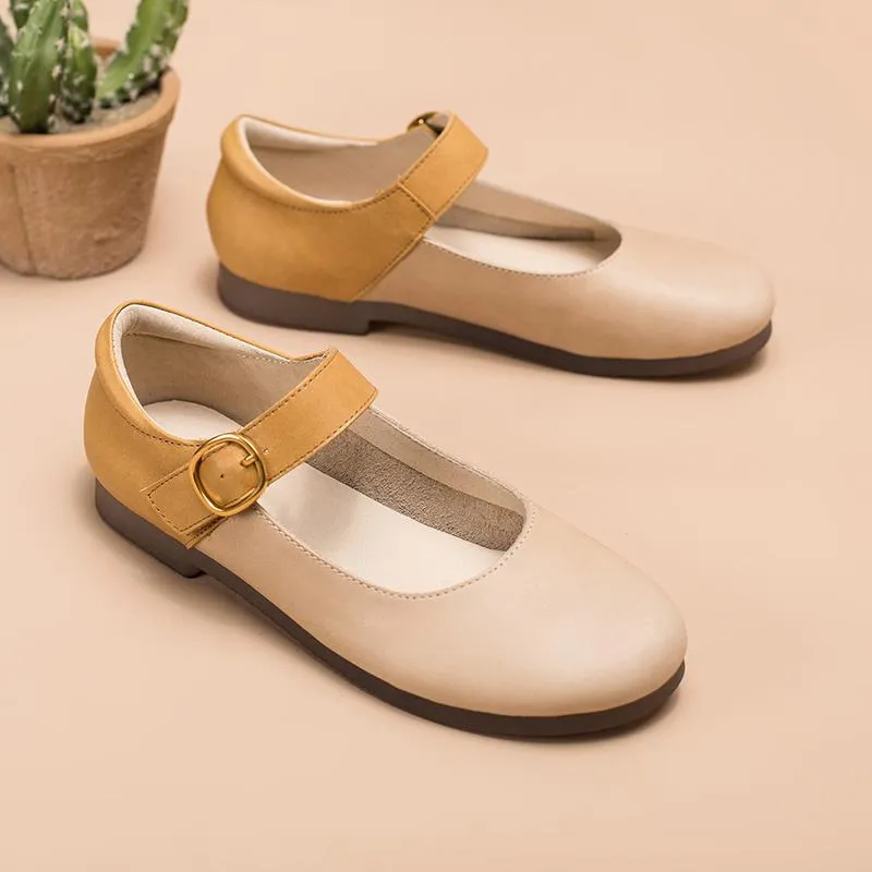 Handmade Leather Flat Mary Jane Shoes For Womens Round Toe Apricot/Pink