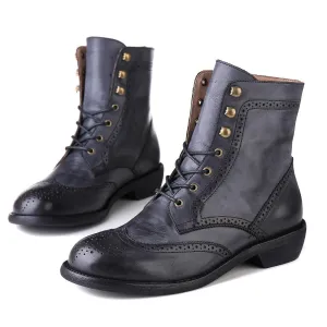 Handmade Wingtip Shoes Leather Martin Boots Block Carving Brogue Ankle Boot For Women Black/Coffee