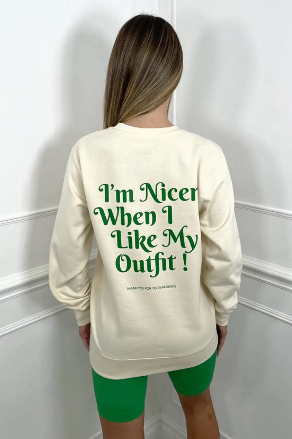 i like my outfit green printed cream sweater