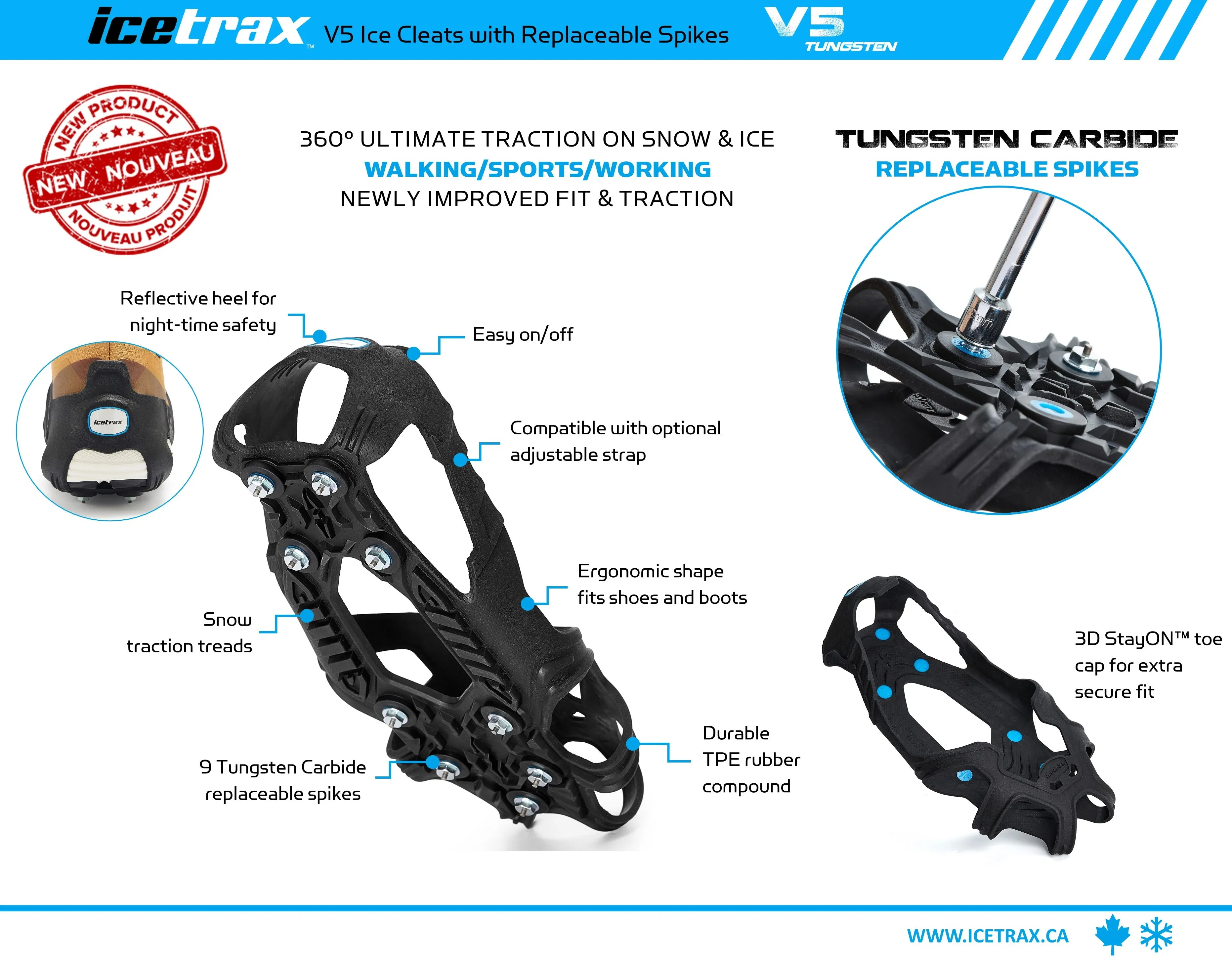 ICETRAX V5 Tungsten Ice Cleats, Easy to Replace Spikes