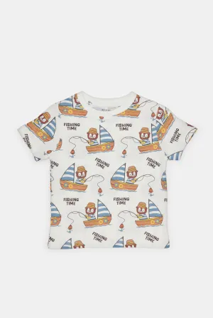 Infant Boys White Boat Printed T-Shirt